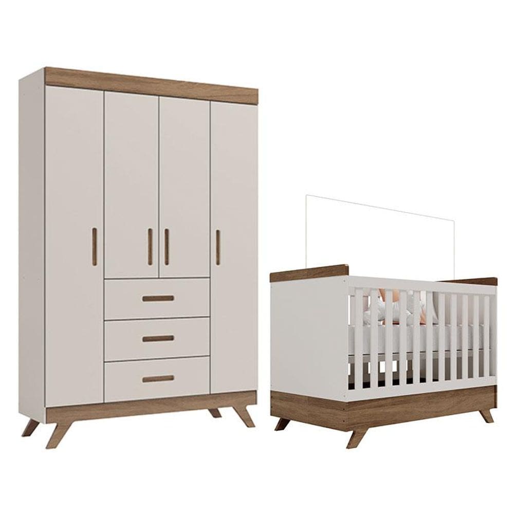 Berço Americano Vitória e Guarda Roupa Infantil Retrô Maya Off White Carvalho – Carolina
