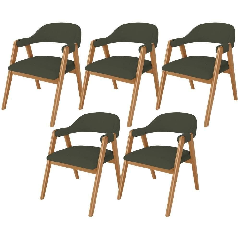 Kit 05 Cadeiras De Jantar E Estar Living Estofada Nadja L02 Linho Verde Musgo - Lyam Decor