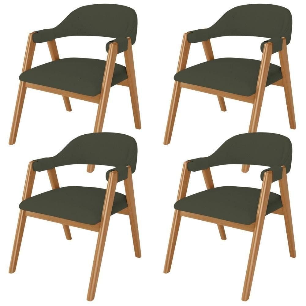 Kit 04 Cadeiras De Jantar E Estar Living Estofada Nadja L02 Linho Verde Musgo - Lyam Decor