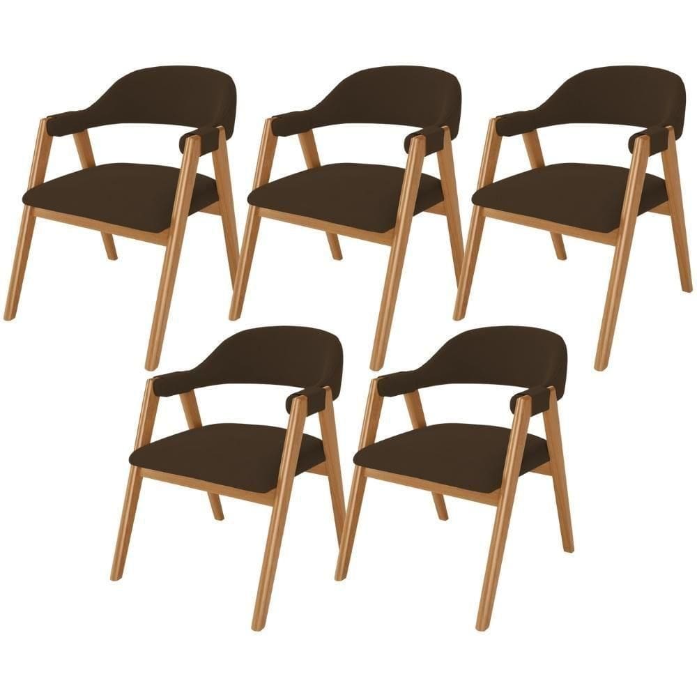 Kit 05 Cadeiras De Jantar E Estar Living Estofada Nadja L02 Suede Marrom - Lyam Decor