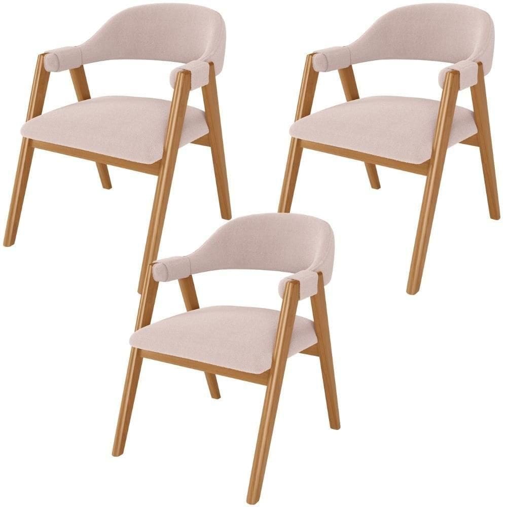 Kit 03 Cadeiras De Jantar E Estar Living Estofada Nadja L02 Bouclê Rosê - Lyam Decor