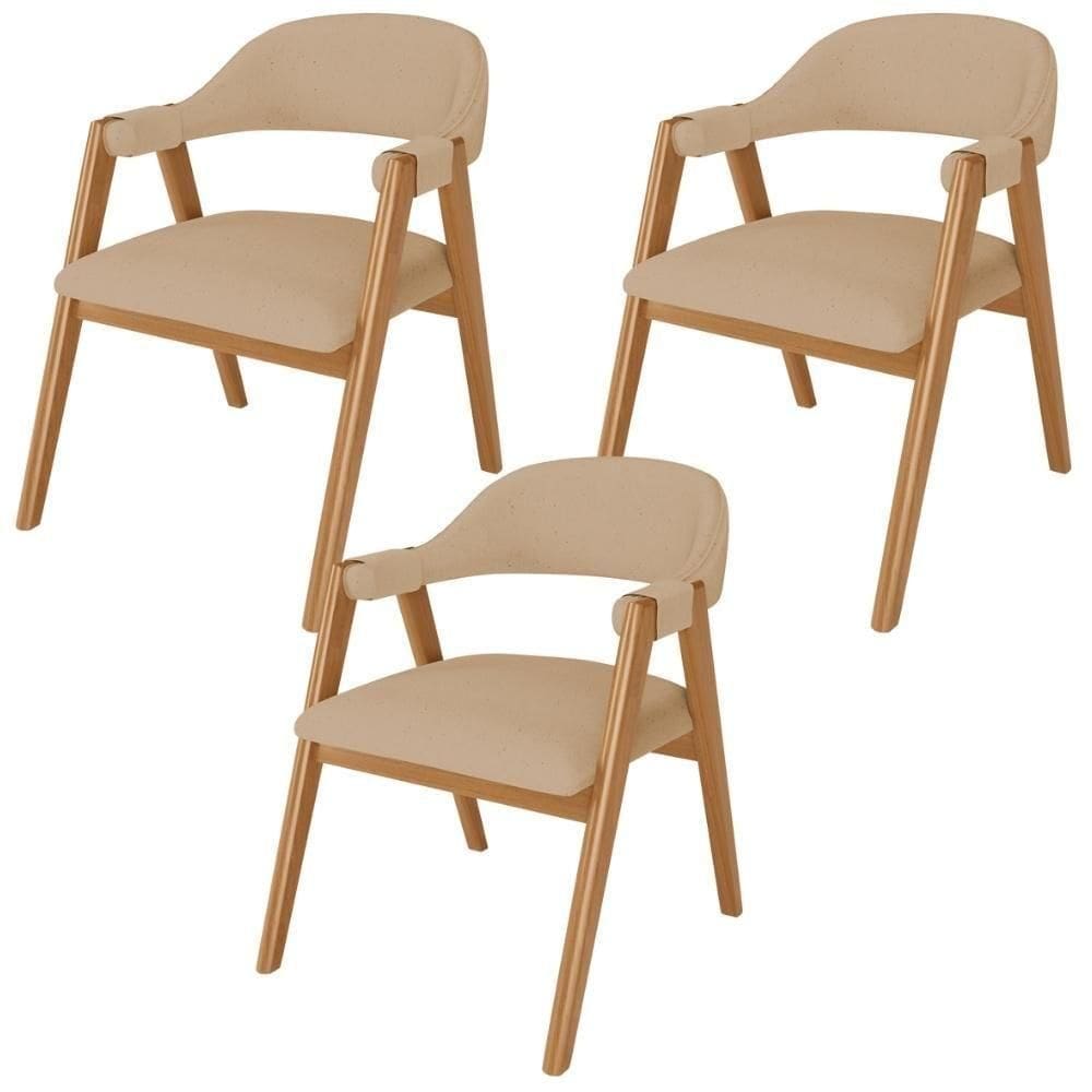 Kit 03 Cadeiras De Jantar E Estar Living Estofada Nadja L02 Linho Bege Escuro - Lyam Decor