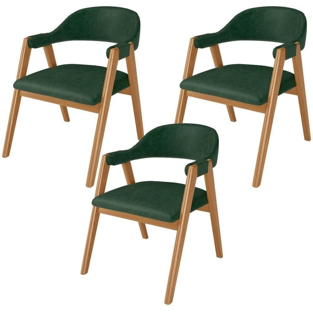 Kit 03 Cadeiras De Jantar E Estar Living Estofada Nadja L02 Couríssimo Verde Musgo - Lyam Decor