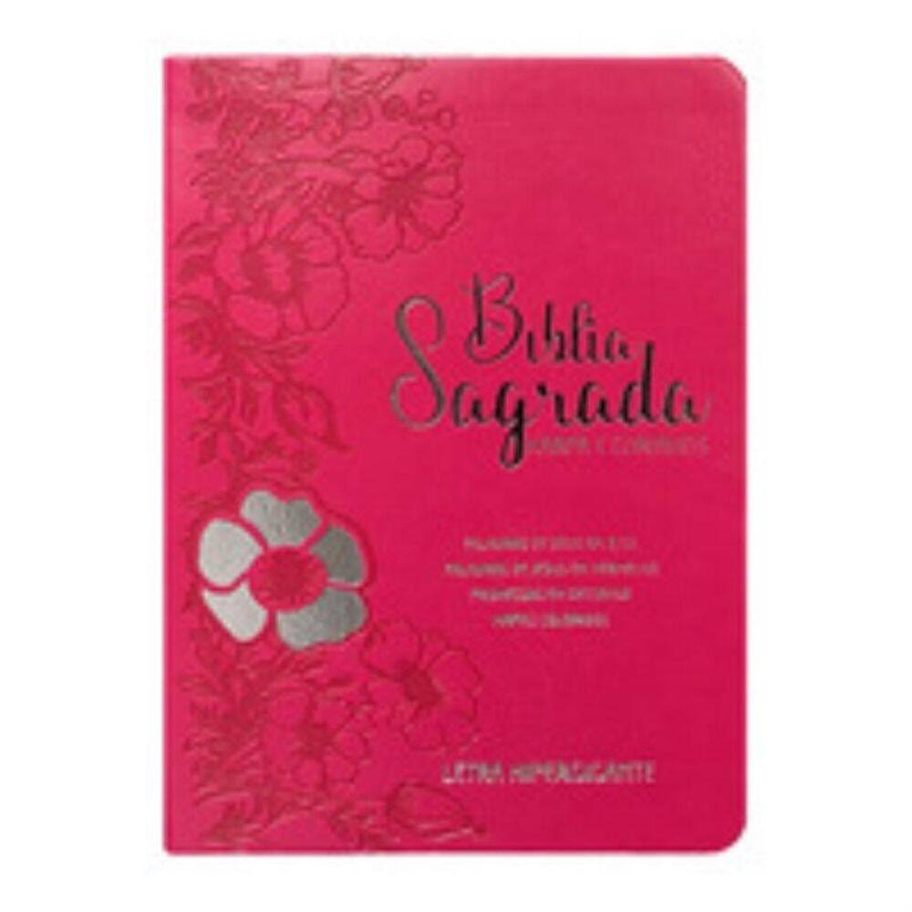 Bíblia hipergigante arc full color pu luxo dourada - Floral dália pink