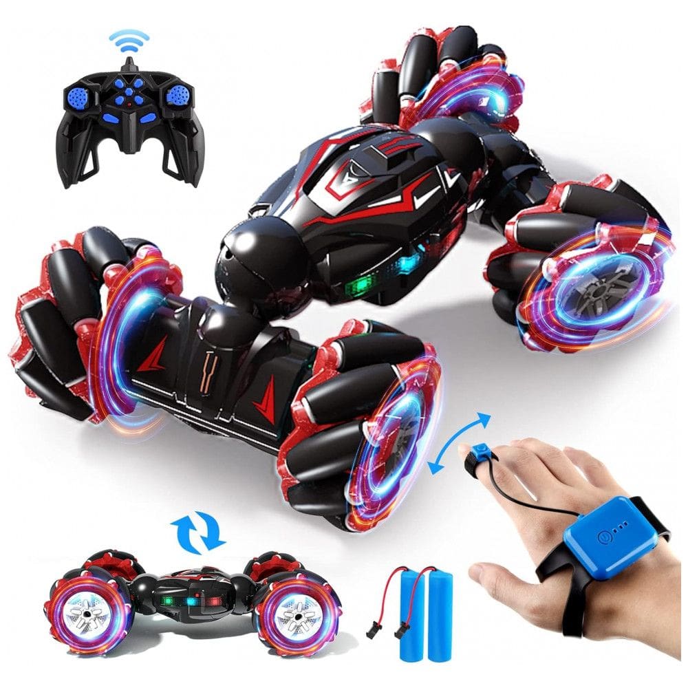 Carrinho de Controle Remoto e Sensor de Gestos RC 4WD com Música, Luzes e Giratório de Dupla Face 360 , Jovow, Preto e Vermelho