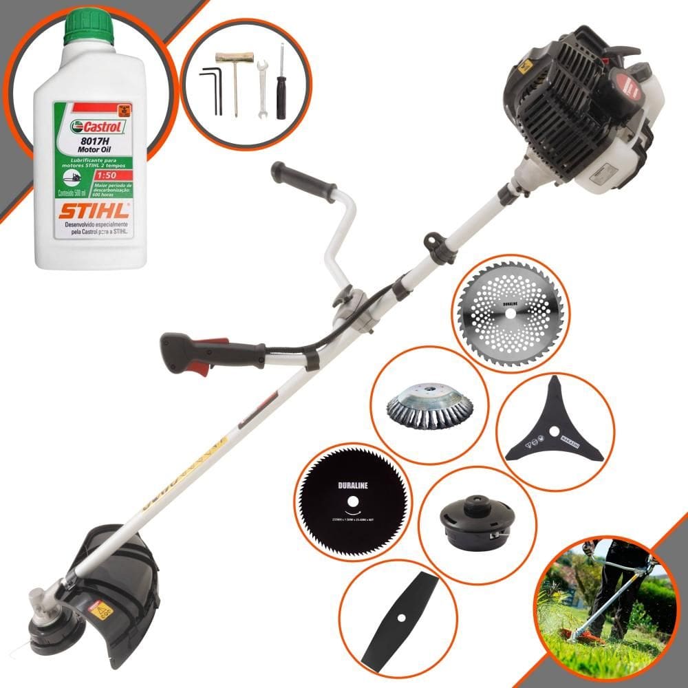 Roçadeira Aparador de Grama À Gasolina Kawashima KW43-LE 43cc 1,7HP 10.000rpm Completo Com Kit 4 Lâminas + Carretel + Escova de Aço + ÓLEO STIHL 2T