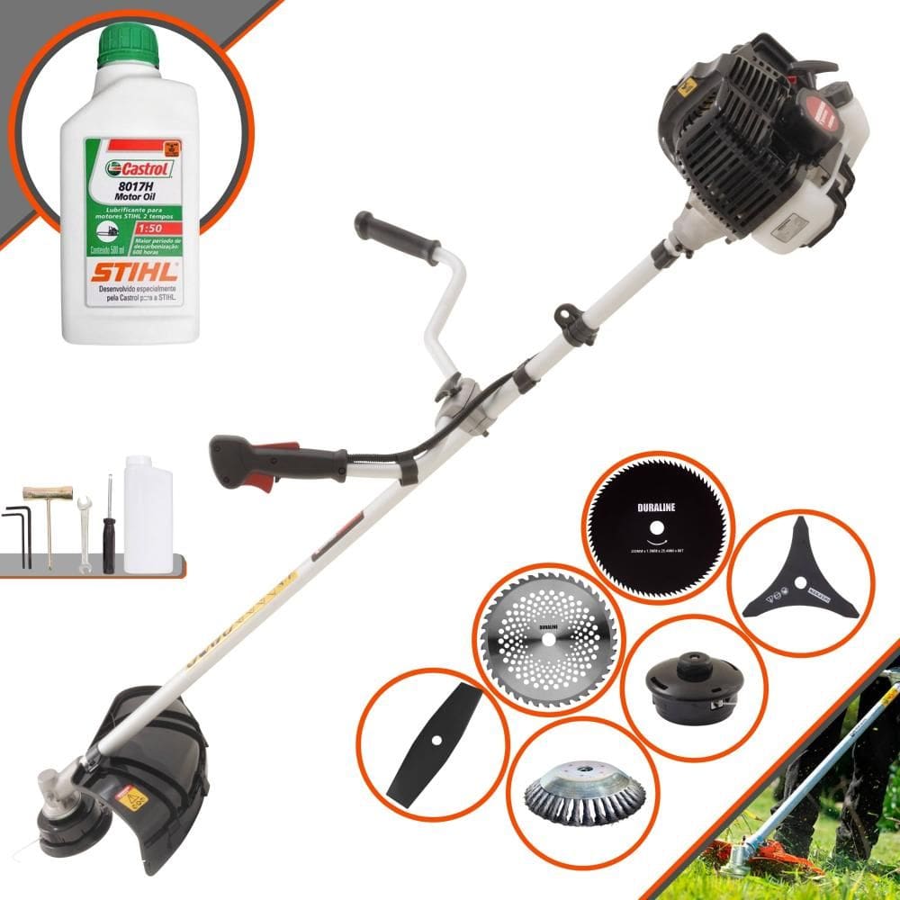 Roçadeira Podador de Grama Kawashima KW43LE À Gasolina 43cc 1,7HP Com 6 Opções de Cortes, Carretel + Kit 4 Facas + Escova de Aço + ÓLEO STIHL 8017 2T