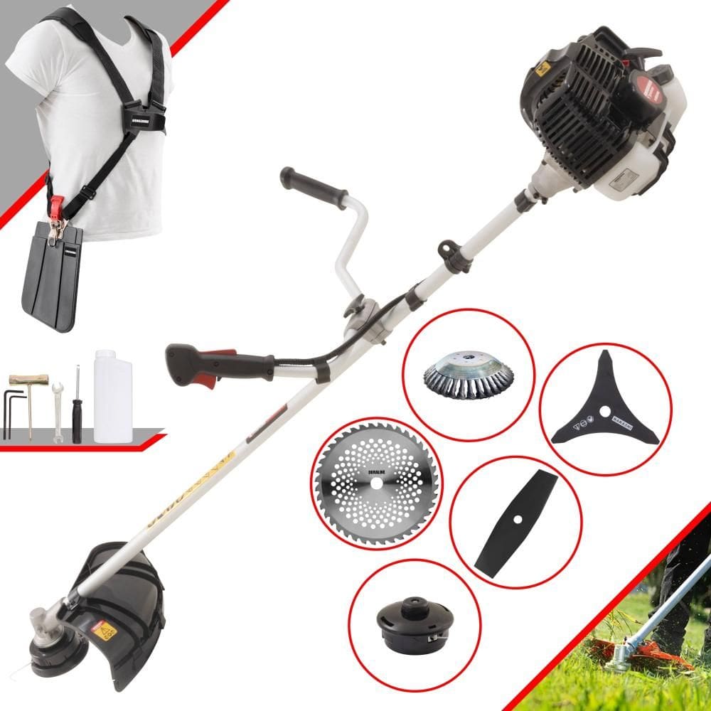 Roçadeira Aparador de Grama À Gasolina KW43LE 43cc 1,7HP Com Carretel e Faca 2 Pontas + Faca 3 Pontas, Faca 40 Dentes de Vídea e Disco Escova de Aço