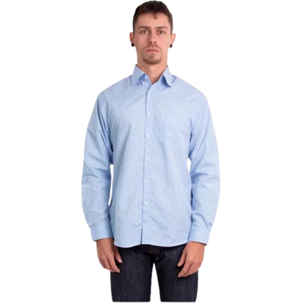 Camisa Social Xadrez Mangas Longas Azul Claro
