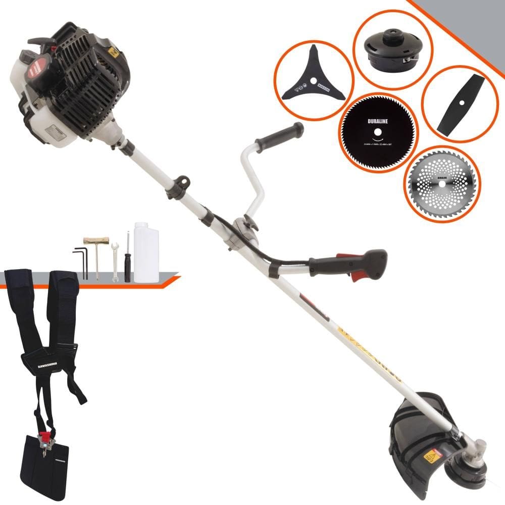 Roçadeira Multifuncional Completa Kawashima KW43LE À Gasolina 43cc Para Todos os Tipos de Trabalho Com Carretel de Nylon + Kit de 4 Lâminas de Cortes