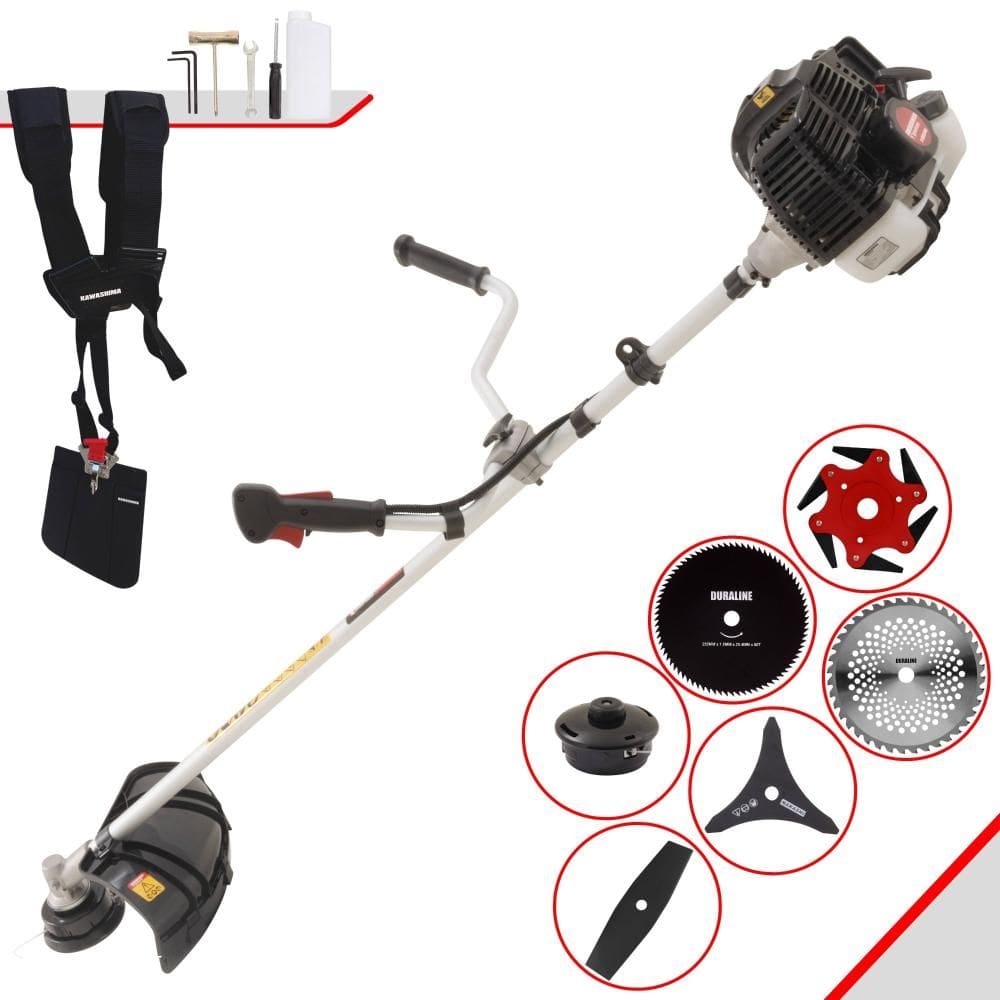 Roçadeira Profissional Completa Kawashima KW43-LE À Gasolina 2T 43cc 1,7HP de Potência Alta Rotação Com Carretel de Nylon + Kit 5 Lâminas de Cortes