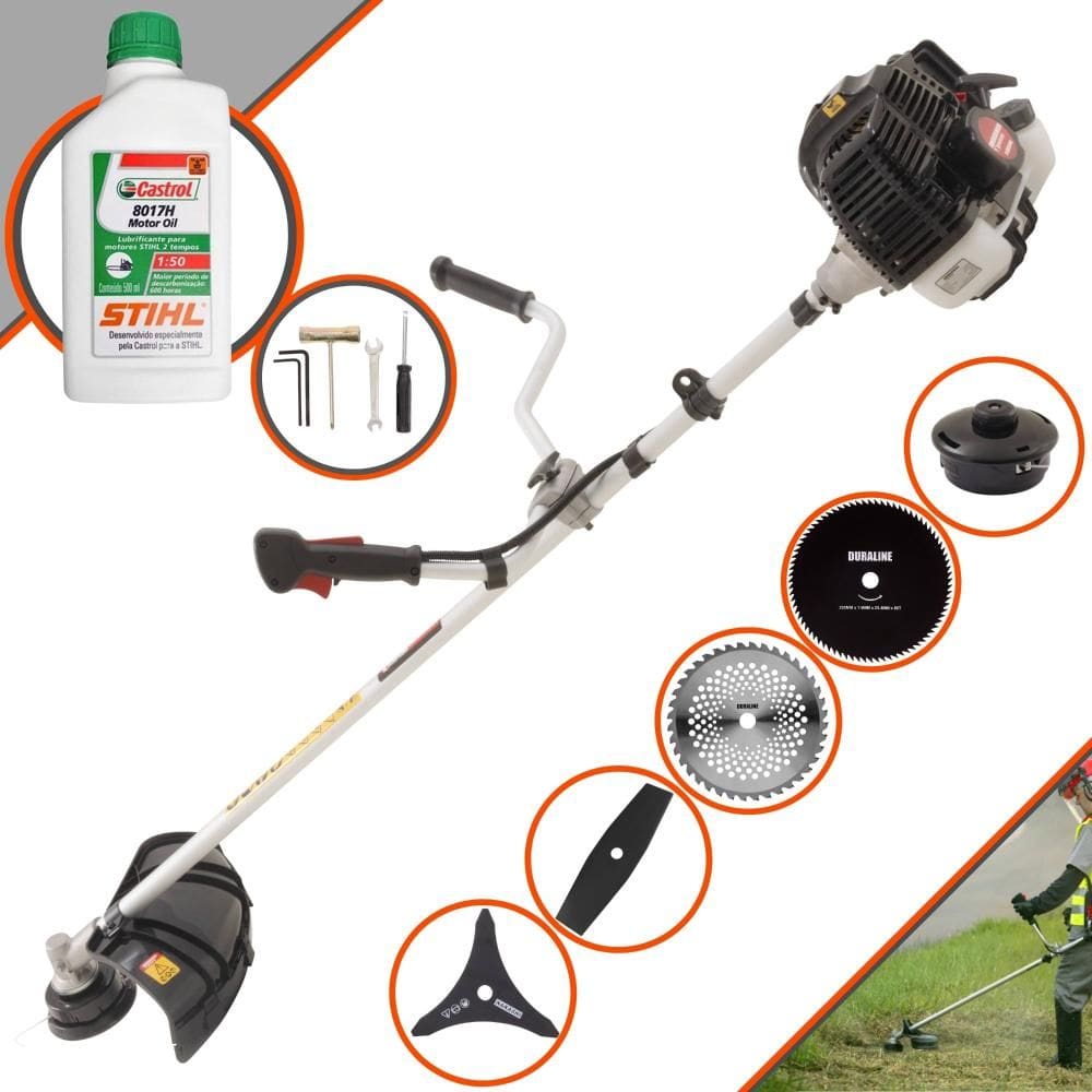 Roçadeira Robusta Kawashima KW43LE À Gasolina 1,7HP 43cc Com Carretel, Faca 2 Pontas, Faca 3 Pontas, Faca 40 Dentes, Faca 80 Dentes + ÓLEO STIHL 2T