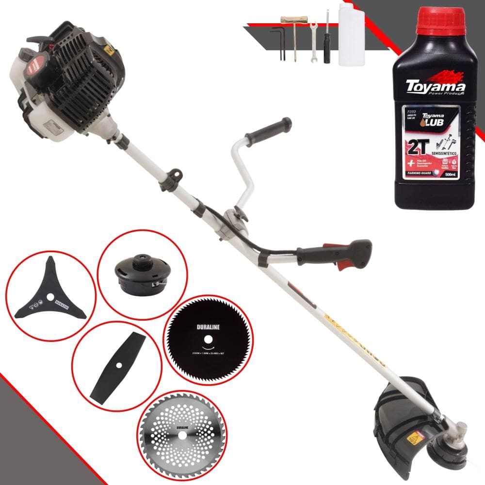 Roçadeira Multifuncional Kawashima KW43LE À Gasolina 43cc 1,7HP 10.000rpm Com Carretel de Nylon + Kit 4 Lâminas de Corte + ÓLEO TOYAMA FG50 2 Tempos
