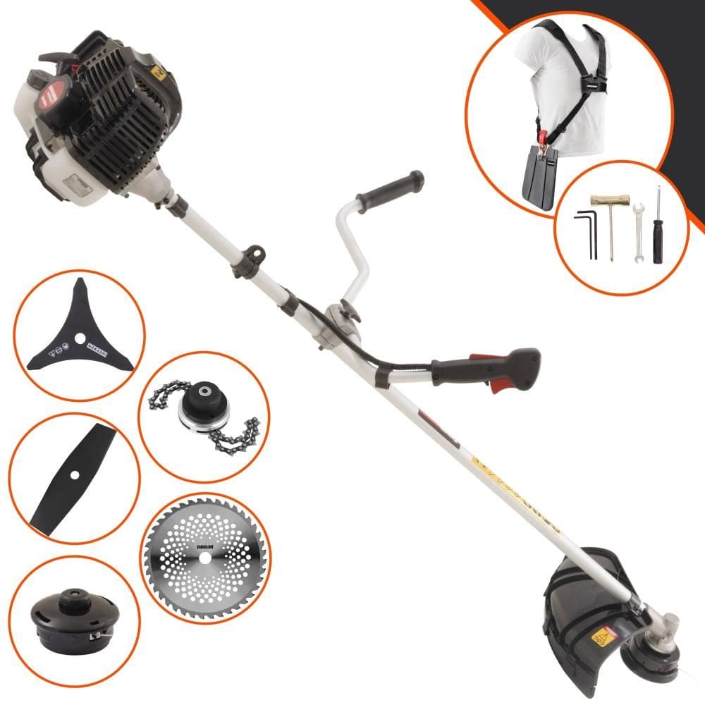 Roçadeira Robusta Kawashima KW43-LE À Gasolina 43cc 1,7HP 10.000rpm Com Carretel + Faca 2 Pontas + Faca 3 Pontas + Faca 40 Dentes de Vídea + Trimmer