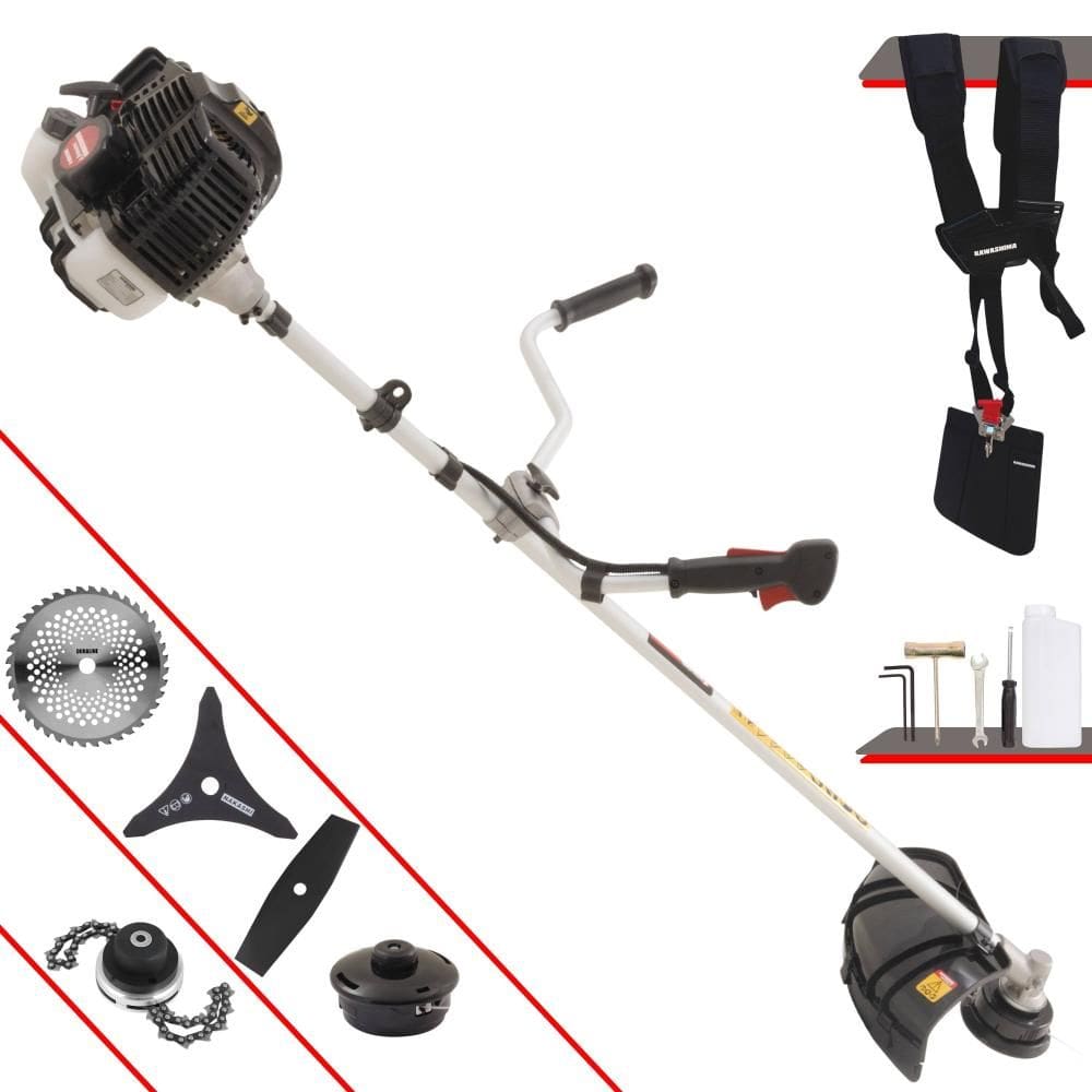 Roçadeira À Gasolina Kawashima KW43-LE 43cc 1,7HP 10.000rpm Alta Performance Com Cabeçote Nylon + Facas 2 Pontas, 3 Pontas, 40 Dentes Vídea e Trimmer