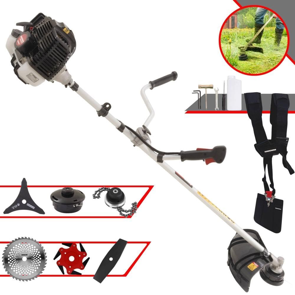 Roçadeira Robusta Kawashima KW43LE À Gasolina 43cc 1,7HP Alta Rotação Para Todos os Tipos de Trabalho Com Carretel Nylon + Kit de 5 Lâminas de Cortes