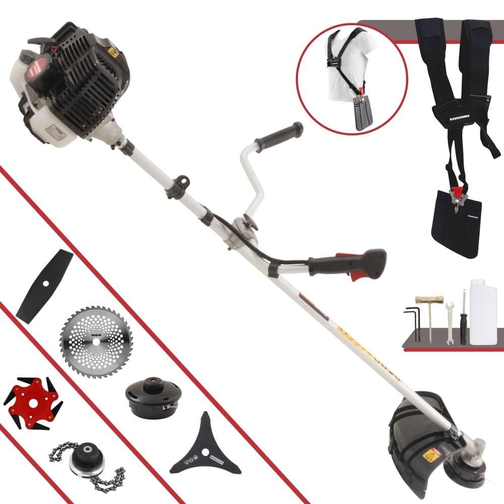 Roçadeira Lateral Kawashima KW43LE À Gasolina 43cc 1,7HP Com Carretel + Faca 2 Pontas + Faca 3 Pontas + Faca 6 Pontas + Faca 40 Dentes Vídea + Trimmer