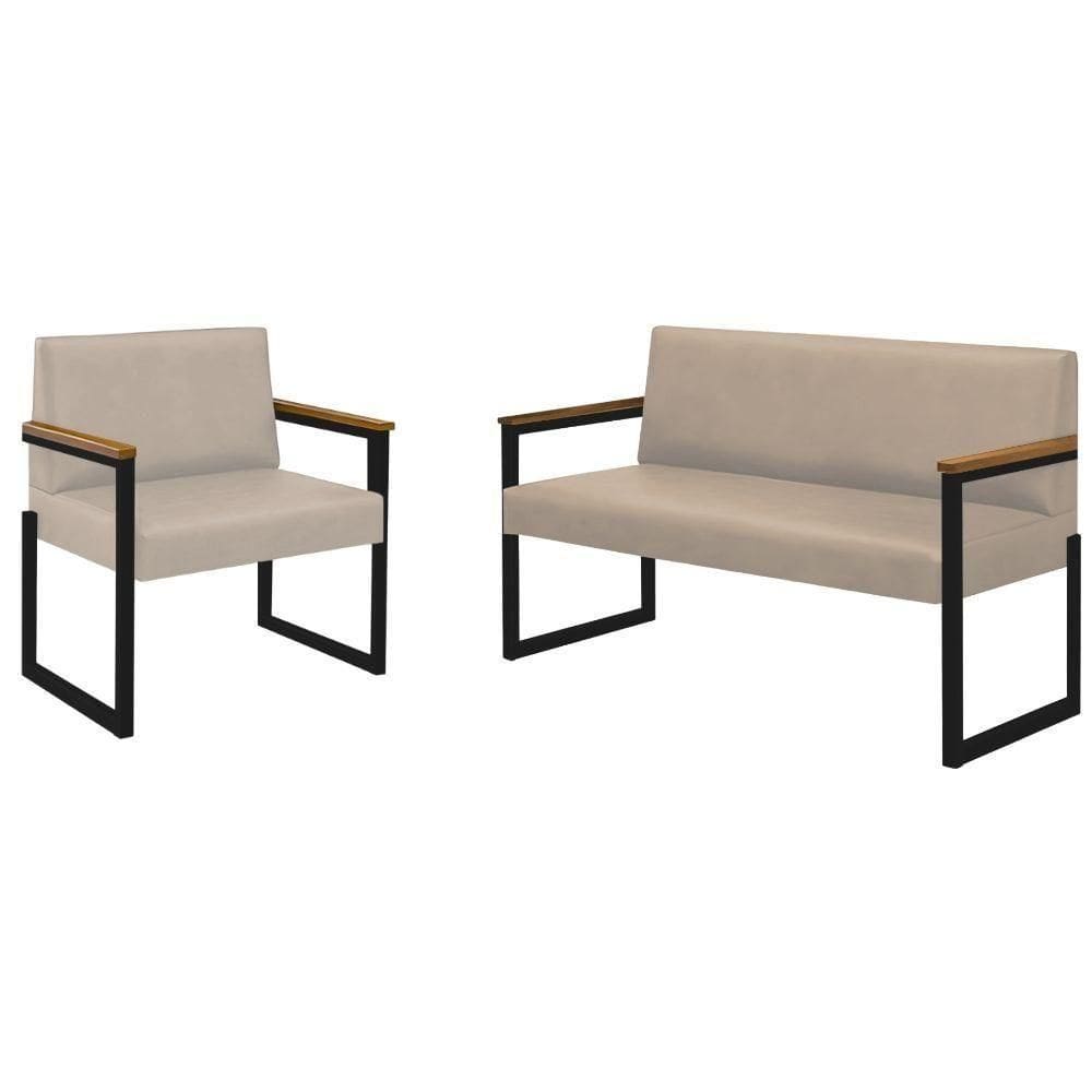 Conjunto Sofá 2 Lugares E 1 Poltrona Niterói Couro Off White Em Metal Preto