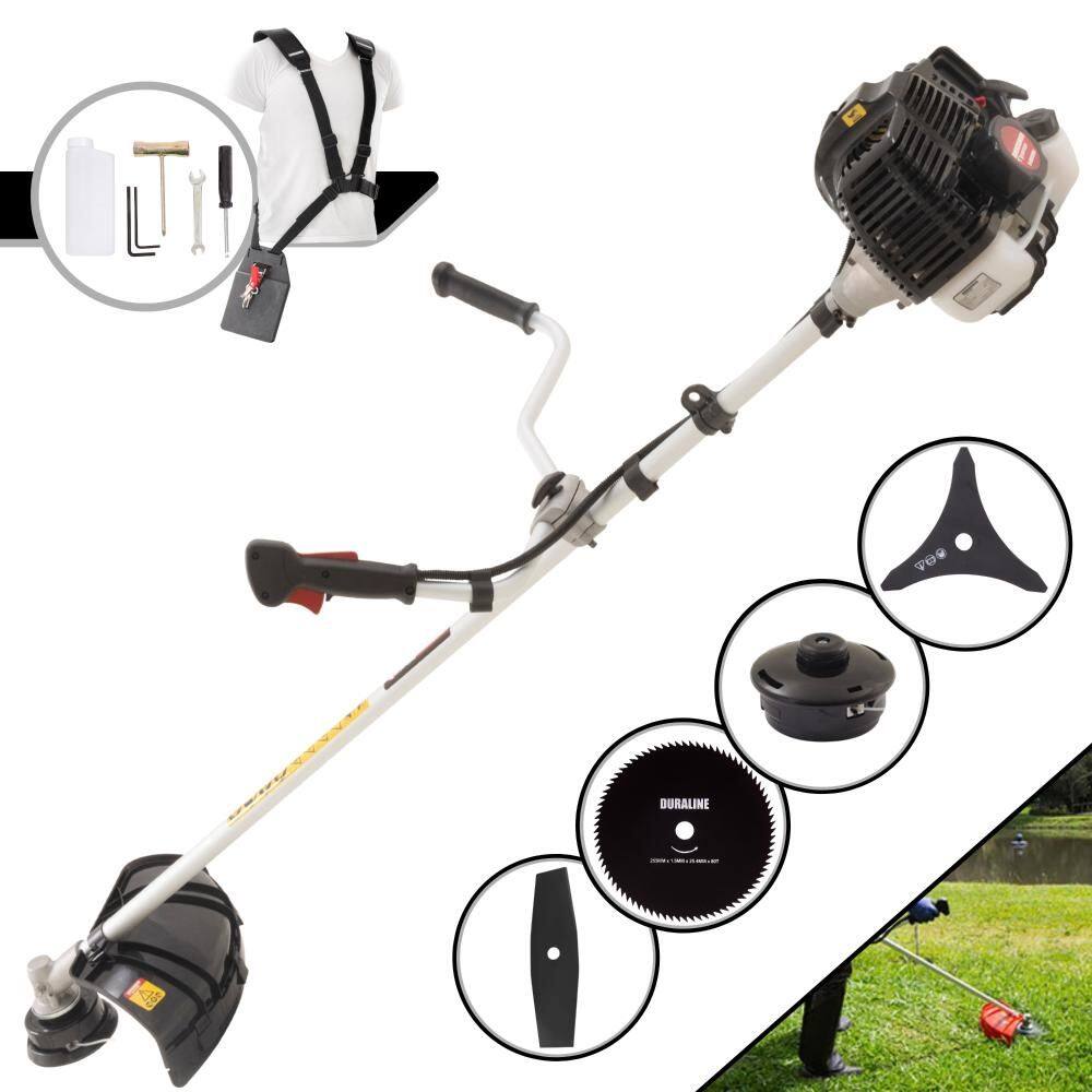 Roçadeira Multifunções Kawashima KW43-LE À Gasolina 43cc 1,7HP 4 Opções de Corte Com Faca 2 Pontas, Faca 3 Pontas, Faca 80 Dentes e Carretel de Nylon