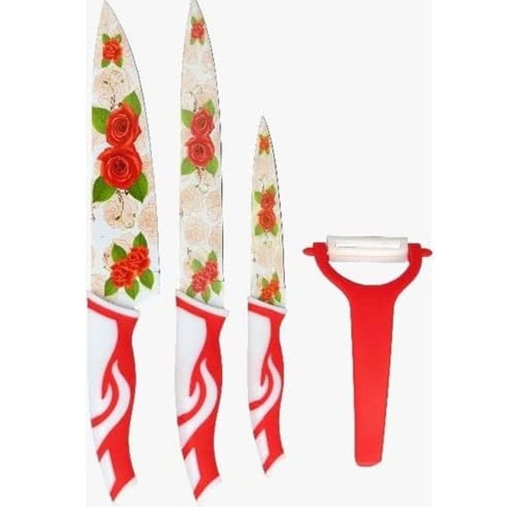 Kit Completo 4 Pcs 3 Facas 1 Descascador Legumes Cortador Afiado Alimentos Cozinha Gourmet Culinária