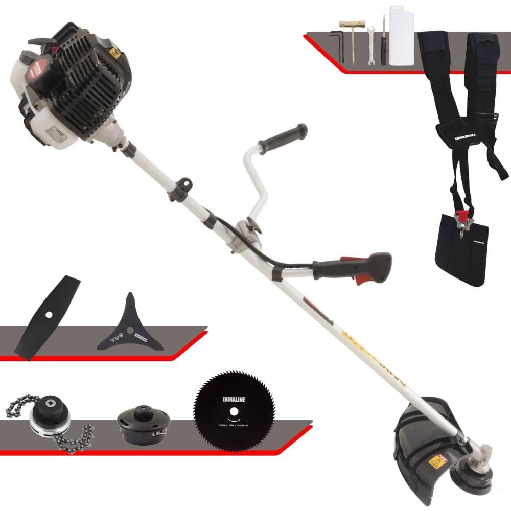 Roçadeira Profissional Completa Kawashima KW43LE À Gasolina 43cc 10.000rpm 1,7HP de Potência Com Kit 3 Lâminas de Corte, Trimmer e Carretel de Nylon