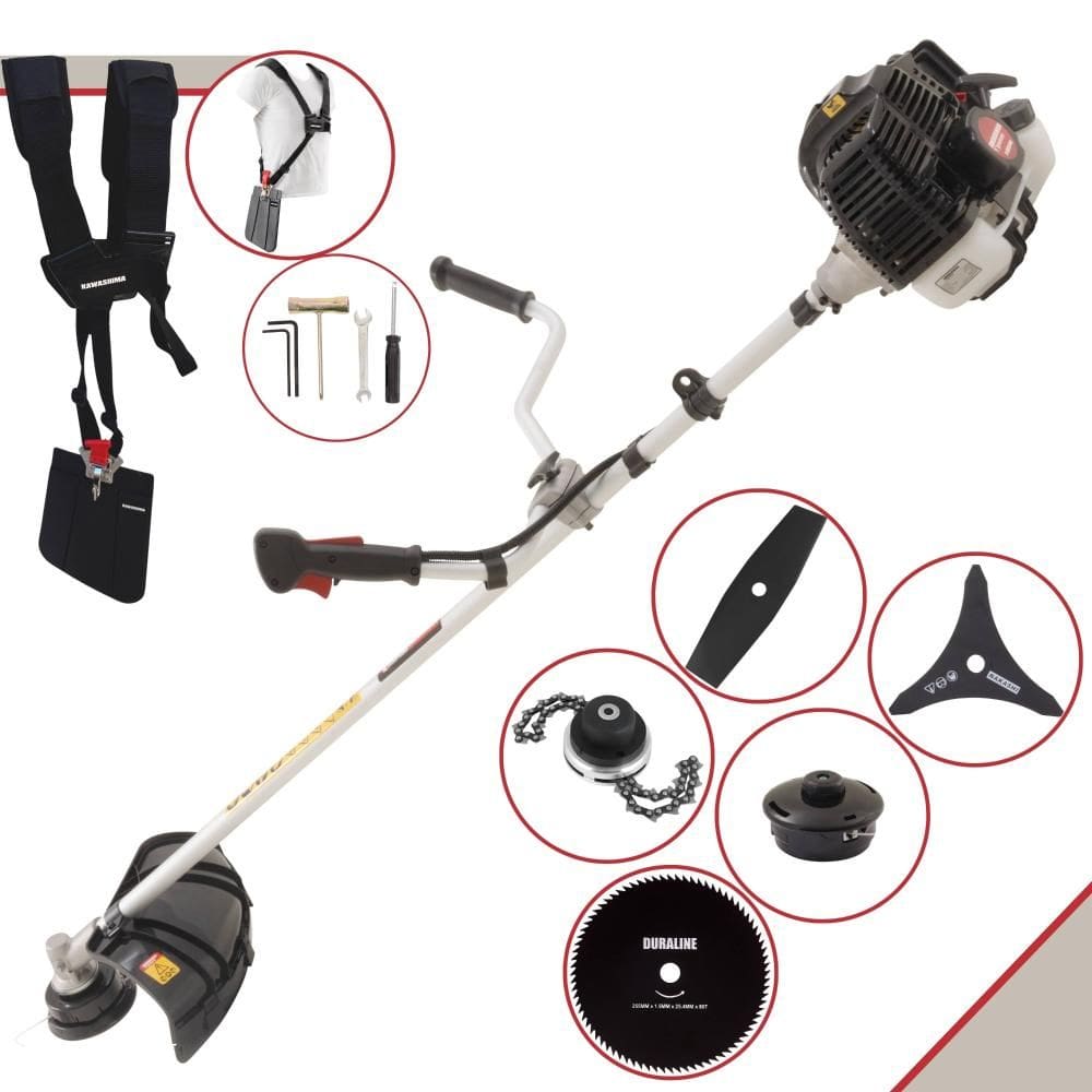 Roçadeira Robusta Kawashima KW43LE À Gasolina 43cc 1,7HP 5 Opções de Corte Com Lâmina Facão, Lâmina 3 Pontas, Lâmina 80 Dentes, Trimmer e Carretel