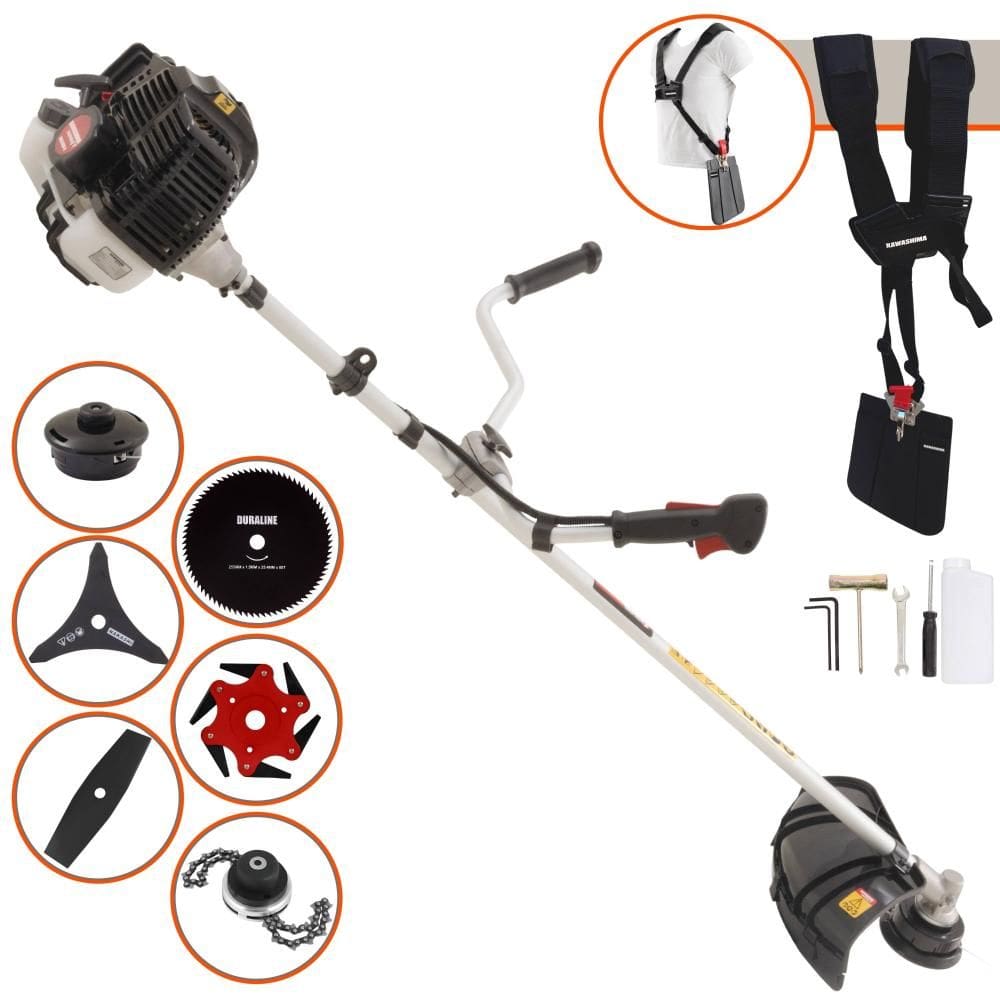 Roçadeira Multifunções Kawashima KW43LE À Gasolina 43cc 10.000rpm 1,7HP 6 Opções de Corte Com Facas 2 Pontas, 3 Pontas, 6 Pontas, 80 Dentes e Trimmer