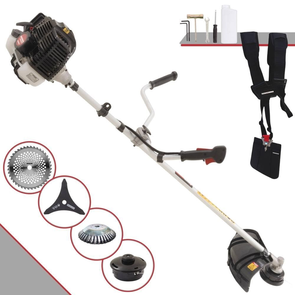 Roçadeira À Gasolina Kawashima KW43-LE 43cc 1,7HP 10.000rpm Motor 2T Com Lâmina 3 Pontas + Lâmina 40 Dentes Vídea + Escova de Aço + Carretel de Nylon