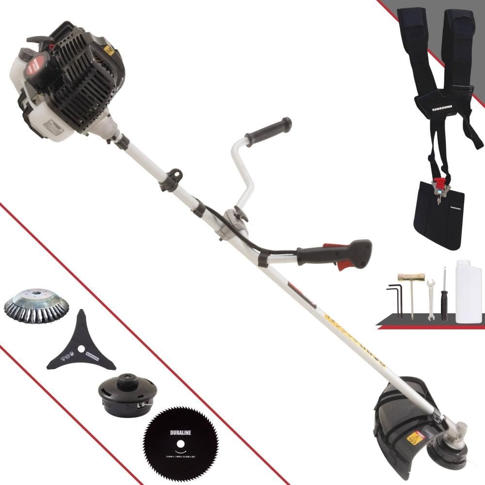 Roçadeira Profissional Kawashima KW43LE À Gasolina 43cc 10.000rpm 1,7HP 4 Opções de Corte Com Faca 3 Pontas, Faca 80 Dentes, Escova de Aço e Carretel