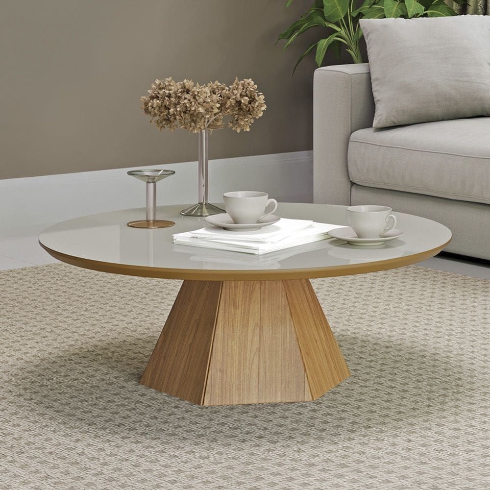 Mesa de Centro em MDF 90cm TB626 com Base Hexagonal Nature Off White Freijó  Dalla Costa