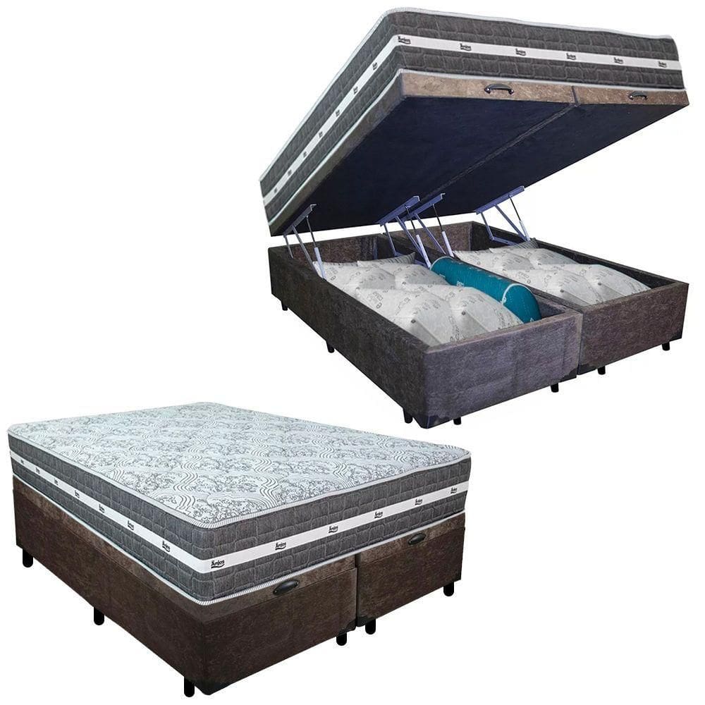 Cama Box Baú Casal Bipartido Suede + Colchão Anjos Black Graphite Molas Ensacadas 138x188x64cm Cor:marrom