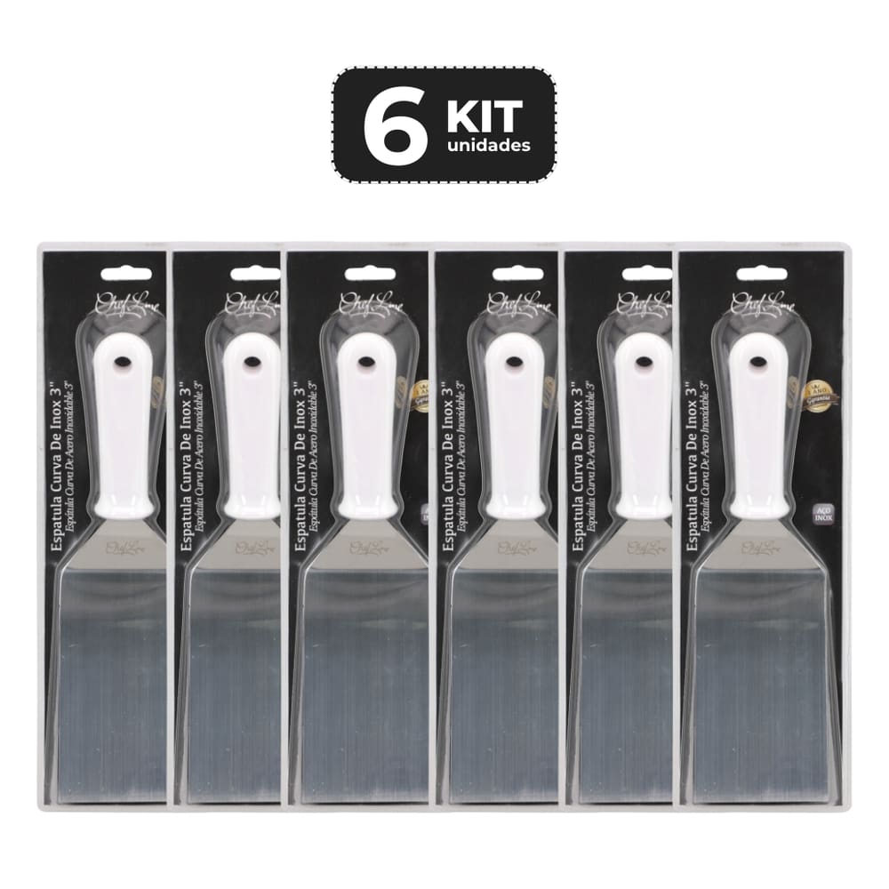 KIT 6 ESPATULA CURVA DE INOX 3” CABO PP BRANCO 28 CM