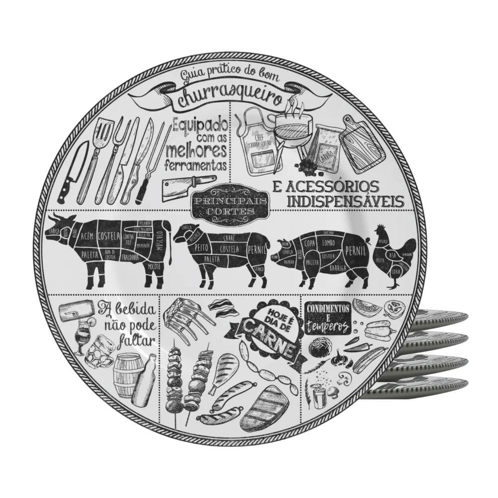 Jogo De Pratos Raso Cerâmica 29Cm Kit 4Pc Churrasco Alleanza