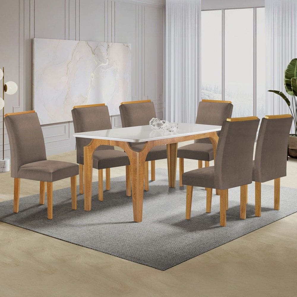 Mesa de Jantar 6 Lugares Marromina Luisa com Vidro Cinamomo/Off White/Bege Escuro - Cel Móveis