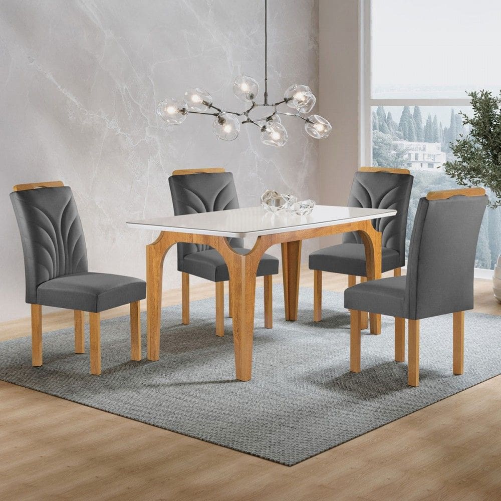 Mesa de Jantar 4 Lugares Marromina Carolina com Vidro Cinamomo/Off White/Cinza - Cel Móveis