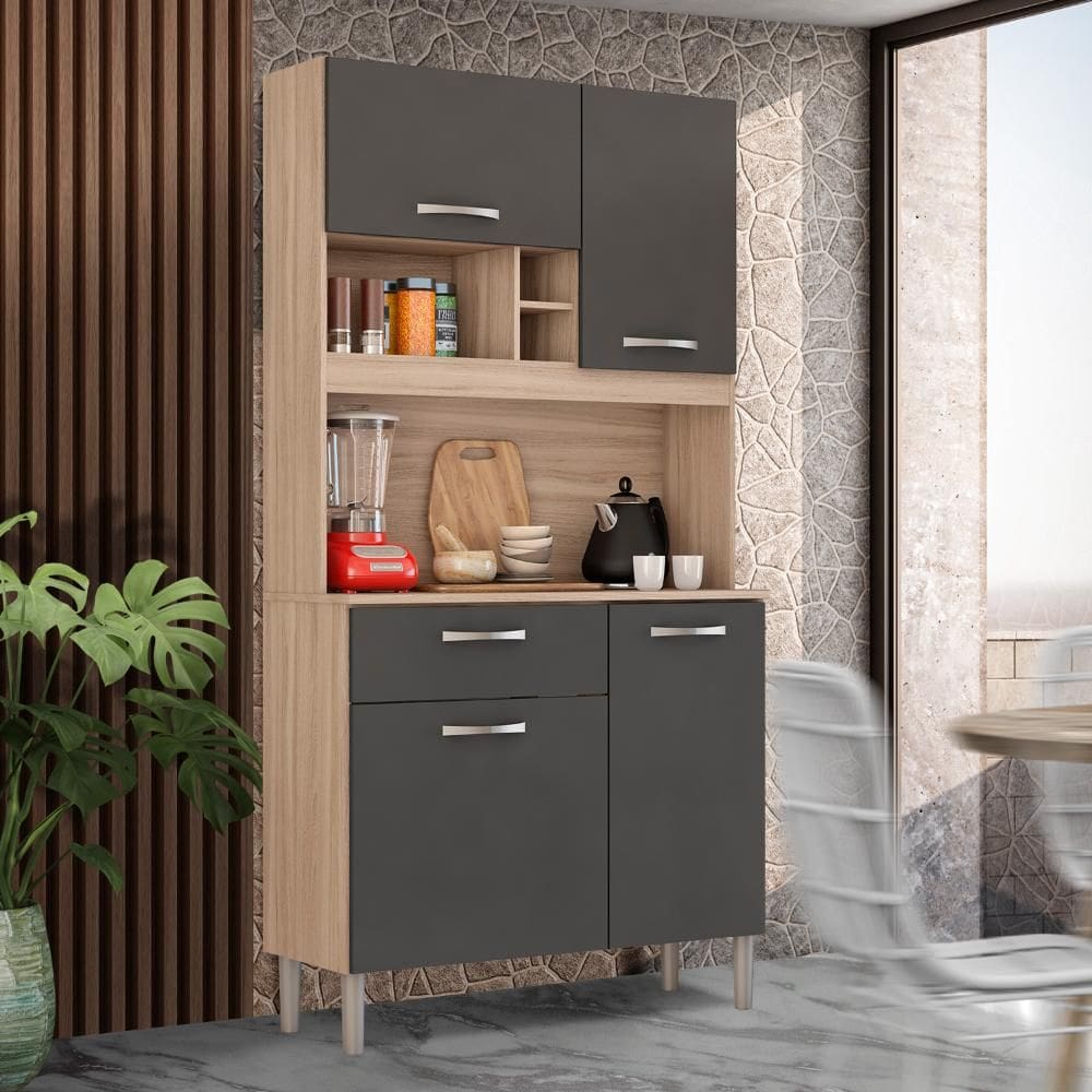 Cozinha Compacta 4 Portas 1 Gaveta Balcão e Aéreo Grafite Malta JM Móveis