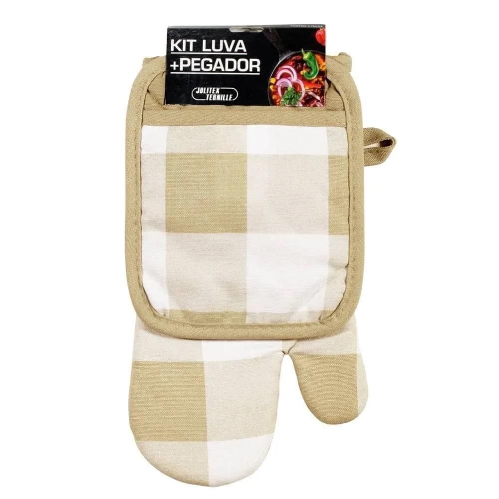 Kit Luva E Pegador Estampado Xadrez Bege Jolitex
