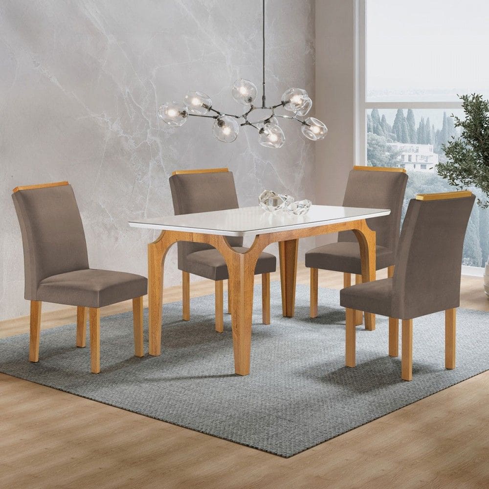 Mesa de Jantar 4 Lugares Marromina Luisa com Vidro Cinamomo/Off White/Bege Escuro - Cel Móveis