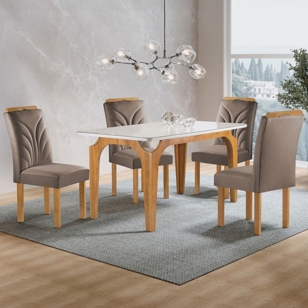 Mesa de Jantar 4 Lugares Marromina Carolina com Vidro Cinamomo/Off White/Bege Escuro - Cel Móveis