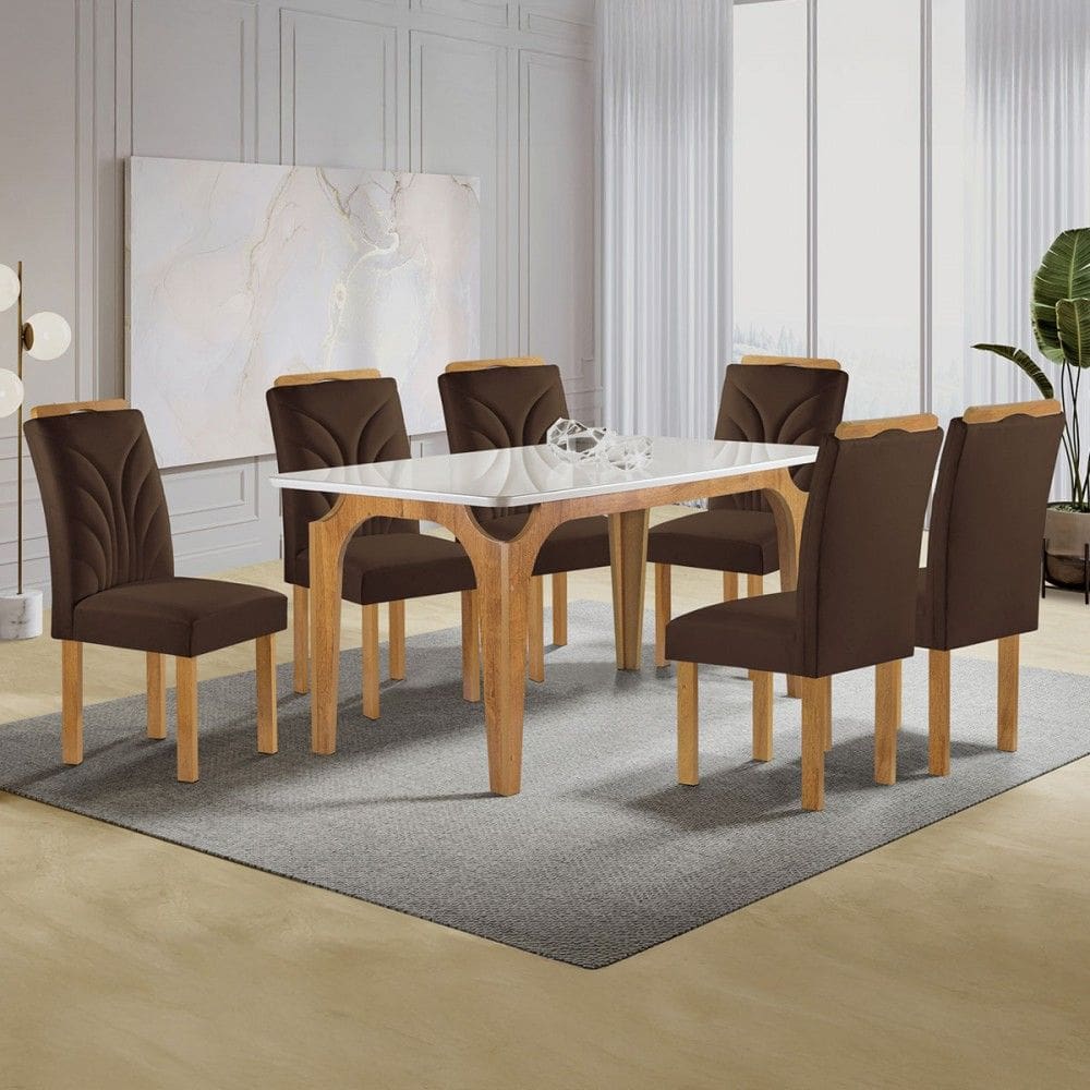 Mesa de Jantar 6 Lugares Marromina Carolina com Vidro Cinamomo/Off White/Veludo Marrom - Cel Móveis