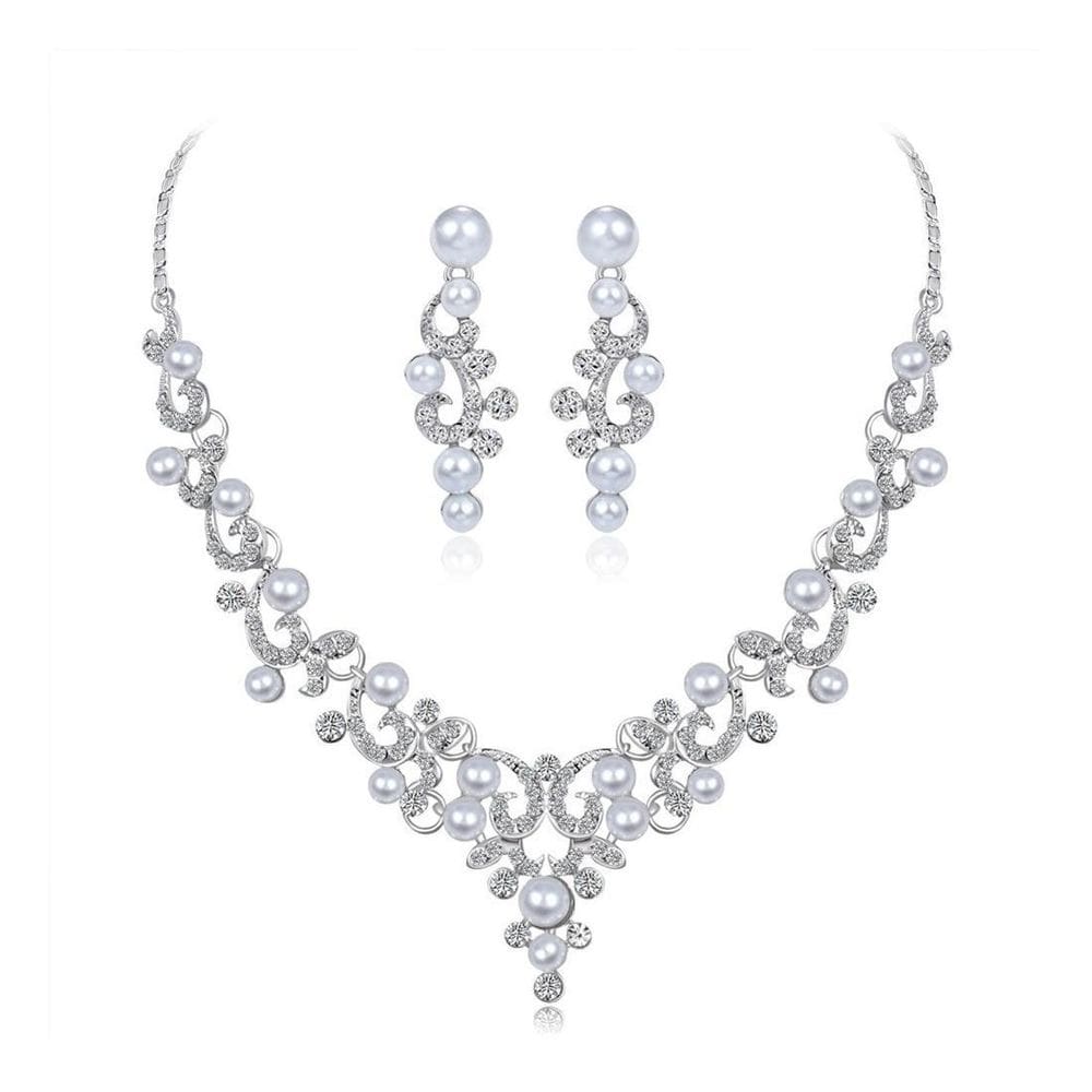 Conjunto Colar E Brinco Strass Pérola Noiva Prata Debutante