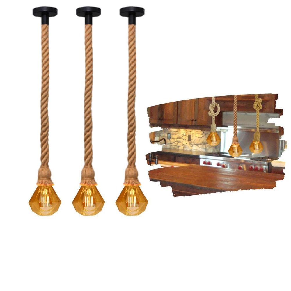 Kit 3 Pendentes Corda Sisal Rústico 1,80M Lâmpadas Led