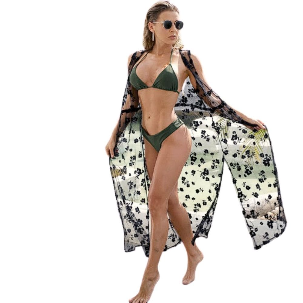 Saída de Praia Longa Tule Floral Transparente Elegante Diva