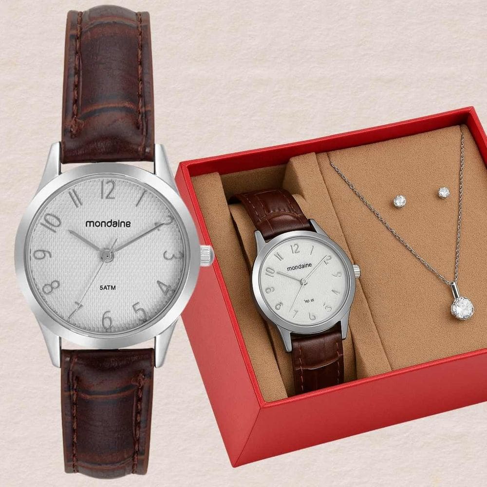 Relógio Feminino Mondaine Colar Brincos Resistente Água 50M Pulseira de Couro Social Prateado 32794L0MKNH2K1