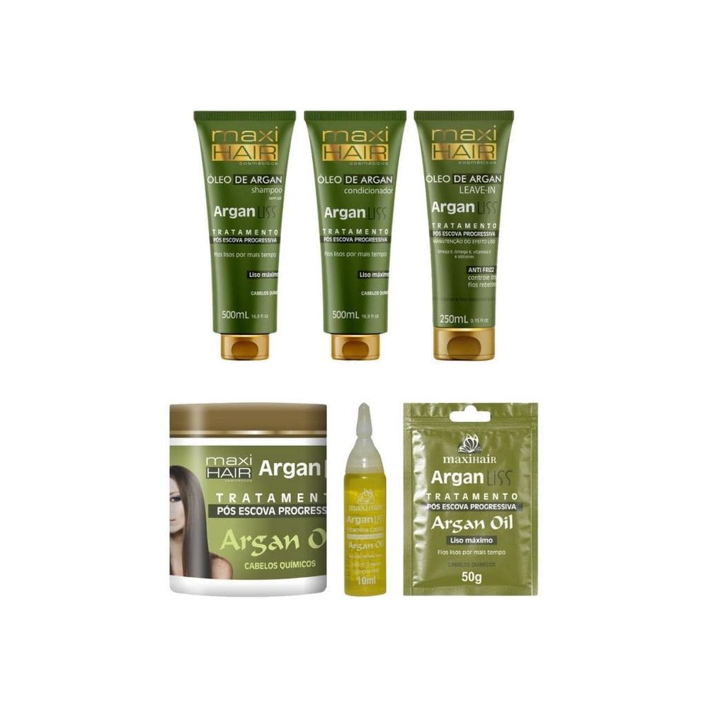 Kit Argan Liss Pos Escova Maxihair-6 Itens