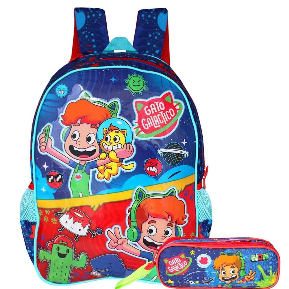 Mochila De Alças Gato Galáctico Com Estojo Infantil Duplo