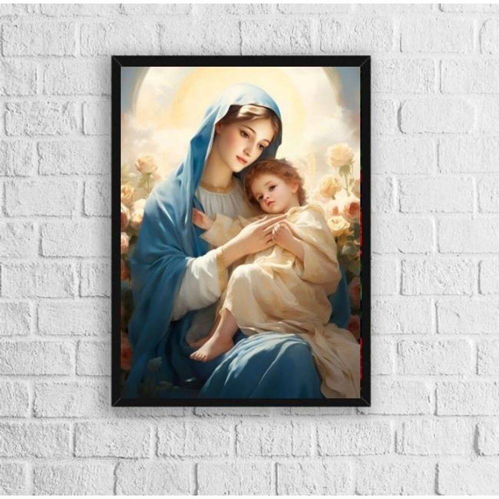 Quadro Maria Com Menino Jesus 45x34cm Vidro E Moldura Preta