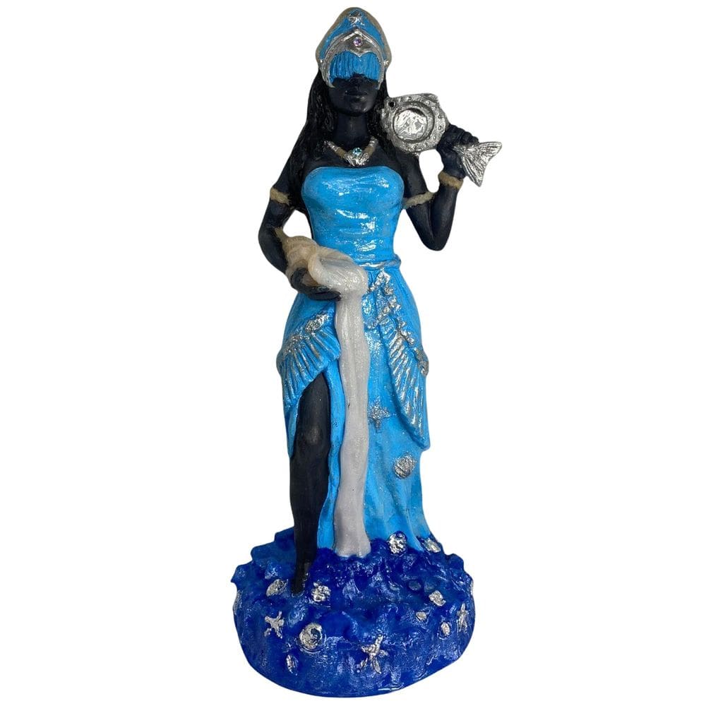 Escultura Orixá Iemanjá Africana 23Cm Roupa Azul Claro