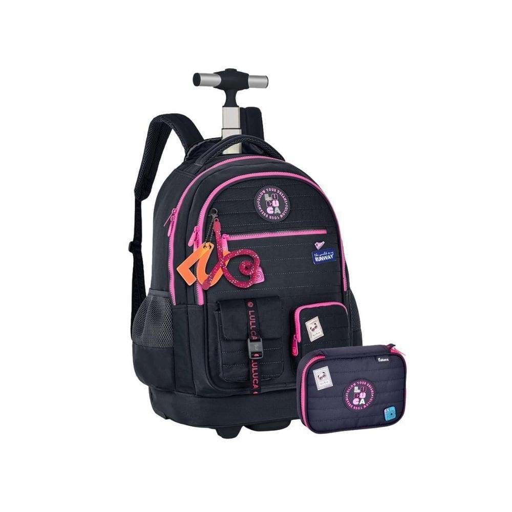 Kit Mochila Rodas Luluca Estojo Box Meninas Escolar Preto