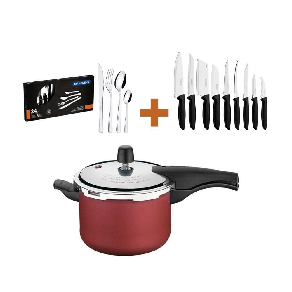 P Pressão 4,5L Vermelha + Cj Facas 9Pç + Faq Inox 24Pç